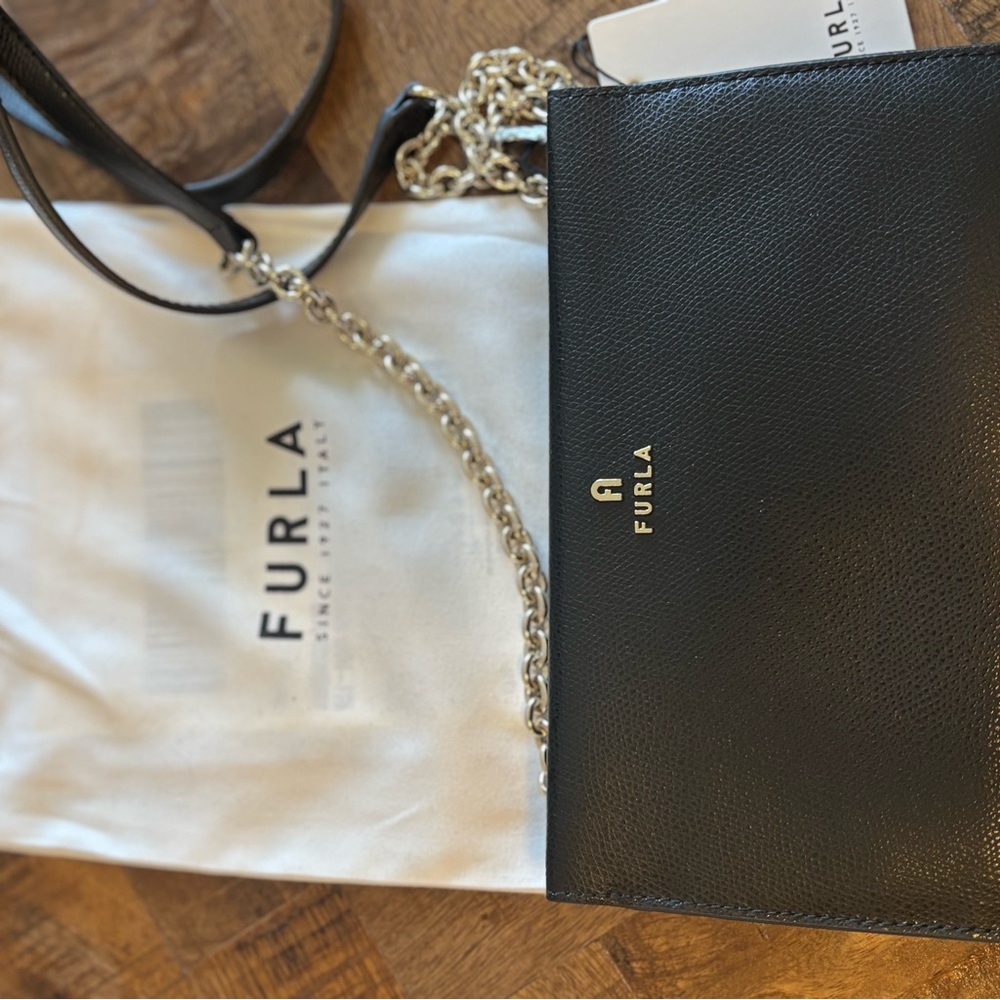 Furla Black Crossbody Bag with Silver Chain